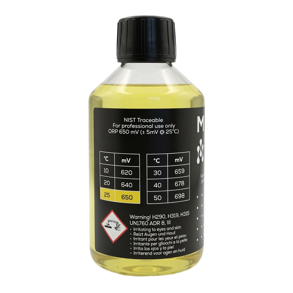 Kalibratievloeistof ORP 650 mV 250 ml achterkant met temperatuurtabel